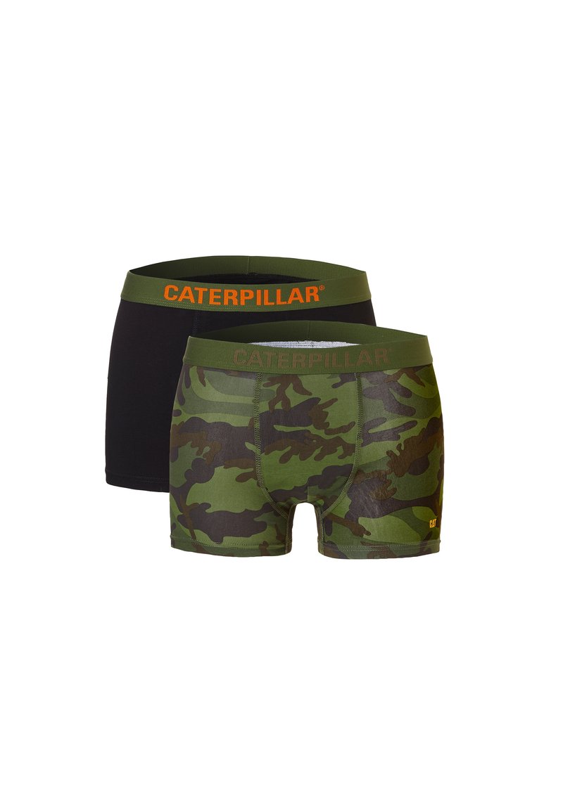 Zwarte en camouflage boxershorts. Zwart heeft een groene tailleband; camouflage heeft een groene tailleband met een oranje 'CATERPILLAR'-logo. Zacht rekbaar materiaal.