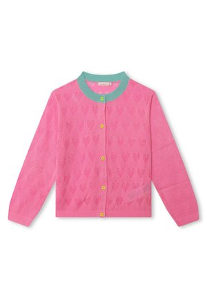 Cardigan rose avec des motifs de cœurs, doté d'un col turquoise et de boutons jaunes. Texture en tricot douce, manches longues et fermeture à l'avant.
