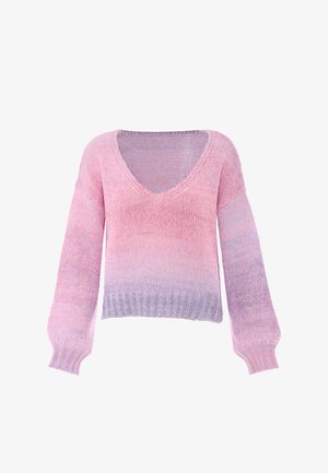 Strickpullover mit tiefem V-Ausschnitt, der einen Farbverlauf von Pink zu Lavendel zeigt, langen Ärmeln und geripptem Saum, aus weicher, strukturierter Wolle gefertigt.