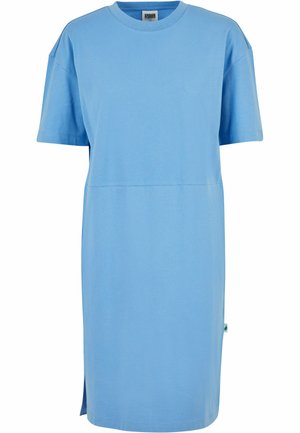 Blue cotton T-shirt dress with short sleeves, crew neck, and side slits. Features a seam detail across the waist for added shape.