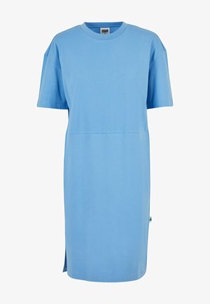 Blue cotton T-shirt dress with short sleeves, crew neck, and side slits. Features a seam detail across the waist for added shape.