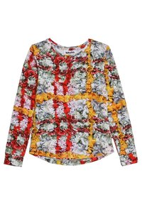 Langarmshirt met bloemendessin, in gele, rode en groene tinten, met een ronde halslijn en een gebogen zoom. Zacht, rekbaar materiaal.