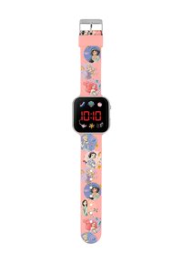 Orologio digitale con quadrante quadrato nero, cinturino in silicone rosa con illustrazioni delle principesse Disney e display LED rosso vivace.