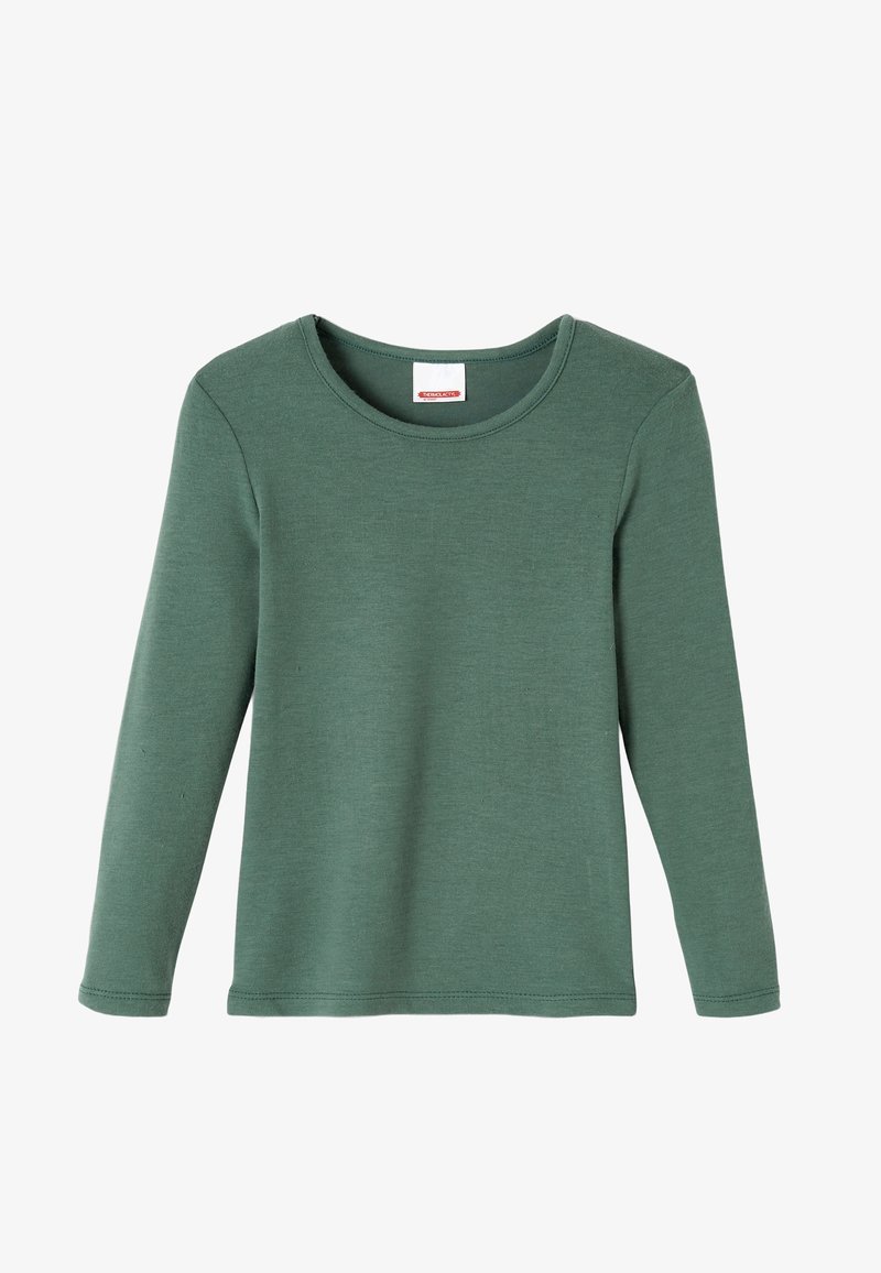T-shirt a maniche lunghe di colore verde, realizzato in morbido cotone. Presenta un collo arrotondato e polsini orlati. Texture liscia, design minimal.