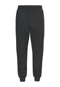 Zwarte joggingbroek met een elastische tailleband en boorden. Gemaakt van een glad, flexibel materiaal met een subtiel logo op de zijkant gedrukt.