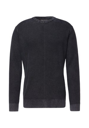 Tummanharmaa neulottu villapaita, jossa on ribbineulos, pyöreä pääntie ja pitkät hihat. Ribbineulotut hihansuut ja helma, jotka antavat istuvan siluetin.