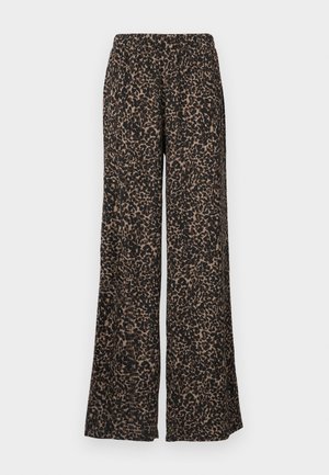 Wide-leg pants featuring a leopard print pattern in black and brown hues, made from lightweight fabric with an elastic waistband.