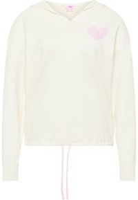 Crème-kleurige hoodie, met lange mouwen, een roze gebreid hartdetail en een trekkoord aan de taille. Zachte textuur.