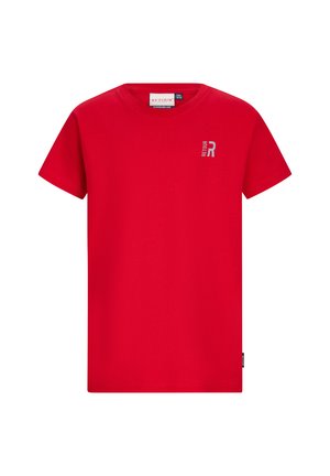 Rood T-shirt met korte mouwen, ronde hals en een klein wit "RETOUR" logo op de linkerborst.