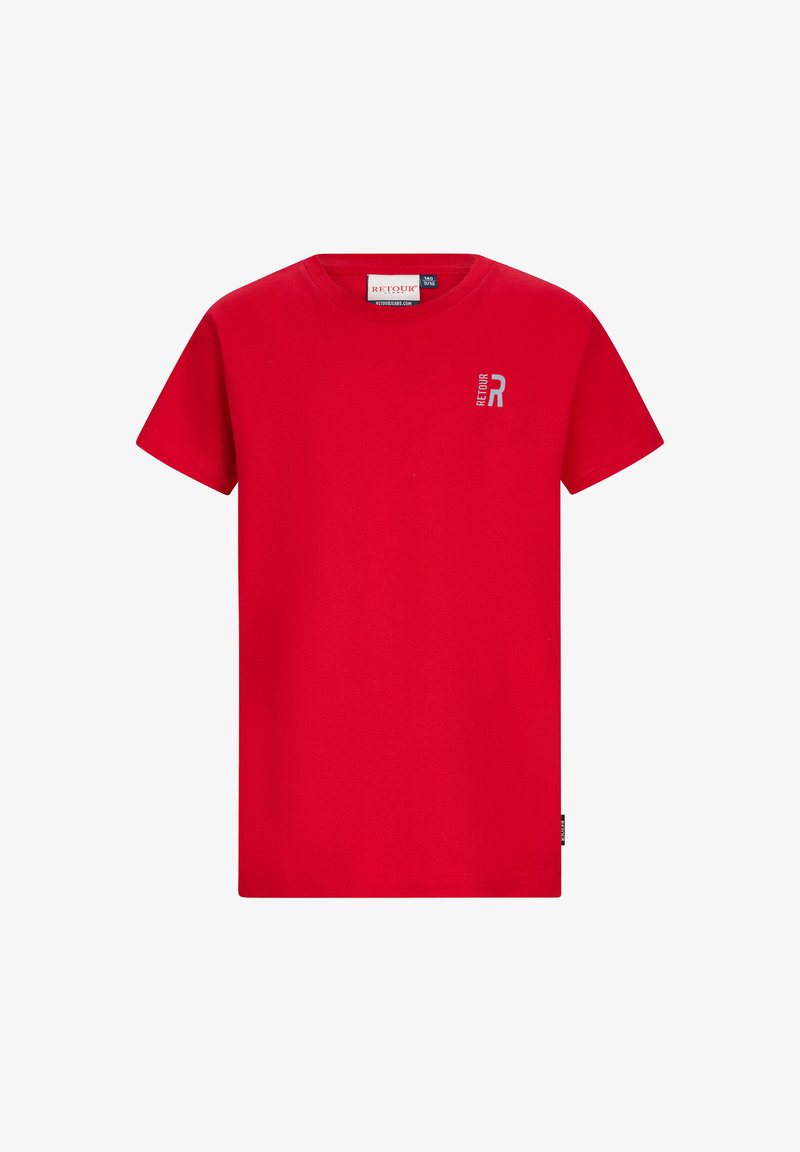 Rood T-shirt met korte mouwen, ronde hals en een klein wit "RETOUR" logo op de linkerborst.