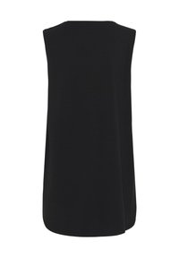 Robe noire sans manches longueur genou, coupe droite et ourlet arrondi, vue de dos sur fond blanc.