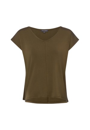 Damski top w kolorze oliwkowej zieleni z krótkim rękawem, dekoltem w serek i przeszyciem wzdłuż środka przodu, lekko rozszerzony dół.