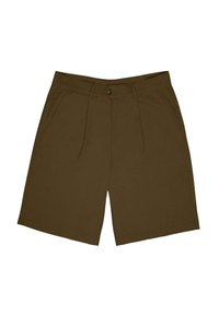 Brune plisserte shorts med flat front, to sidelommer og knappelukking. Stoffer ser lett ut med en glatt tekstur.