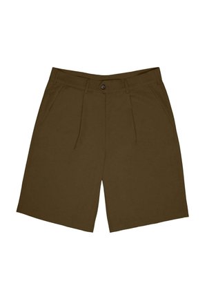 Brown pleated shorts with a flat front, two side pockets, and a button closure. Fabric appears lightweight with a smooth texture.