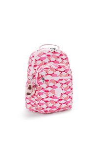 Zaino rosa con un motivo a onde in tonalità di rosa e bianco. Presenta una tasca frontale con zip e un portachiavi a forma di scimmia in peluche attaccato.