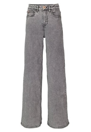 Jeans a gamba larga in denim grigio, caratterizzati da una vita alta, cinque tasche e una chiusura con bottone. Cuciture distintive lungo le cuciture.