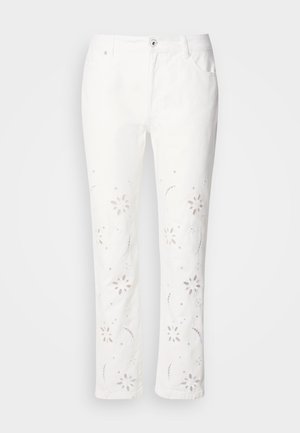 Pantaloni albi din bumbac, cu broderie florală pe lungimea picioarelor, cu croi drept și închidere cu nasture la talie.