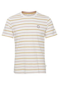 White cotton t-shirt featuring horizontal stripes in yellow and pink, with a round neckline and a small printed logo on the left chest.