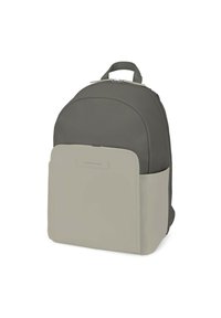 Zaino con parte superiore in tessuto grigio scuro, sezione inferiore sintetica grigia chiara, forma arrotondata, doppia cerniera e tasca frontale.