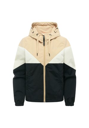 Kapuzenjacke mit beigem Oberteil, weißem Mittelbereich und schwarzem Unterteil, ausgestattet mit Frontreißverschluss und elastischen Bündchen.