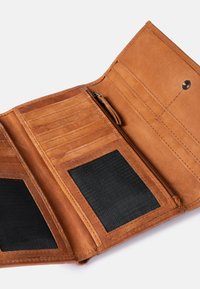 Leather wallet in tan with a smooth finish. Features multiple card slots, a zippered compartment, and black fabric accents.