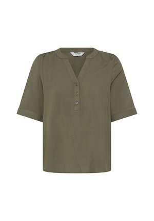 Olive green short-sleeve blouse with a V-neckline and three buttons on the front placket.