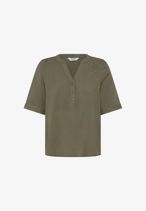 Olive green short-sleeve blouse with a V-neckline and three buttons on the front placket.