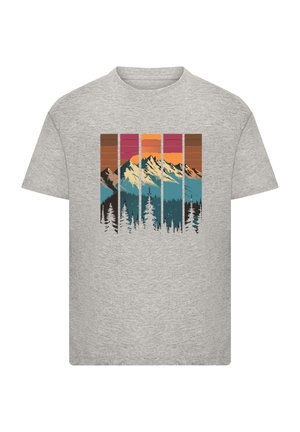 Gray cotton t-shirt featuring a graphic of mountains in blue, orange, and pink hues with forest silhouettes, in a block-style design.