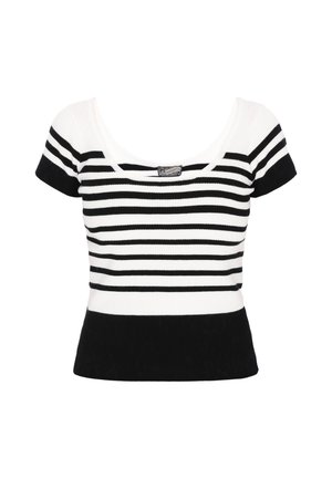 Top de manga corta a rayas blancas y negras con escote redondo y textura acanalada. Diseño ajustado con una banda negra sólida en el dobladillo.