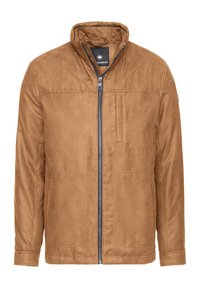 Braune wattierte Jacke mit hohem Kragen, Reißverschluss vorne und zwei Seitentaschen. Hergestellt aus strukturiertem Stoff mit einem subtilen Muster.