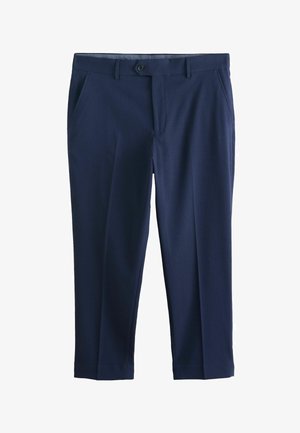 Marineblaue, maßgeschneiderte Hose mit Gürtelschlaufen, Seitentaschen, Knopfverschluss und Reißverschluss.