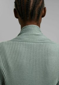 Mintunvihreä ribbineulottu paita, jossa korkea kaulus ja jäsennelty rakenne, reunat sileät ja pystysuorat linjat.