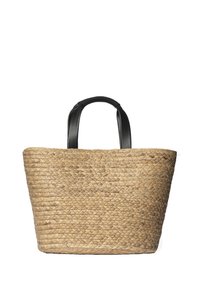 Borsa a tracolla in paglia intrecciata con una forma rettangolare ampia, dotata di manici in pelle nera e di un colore beige naturale con una finitura strutturata.