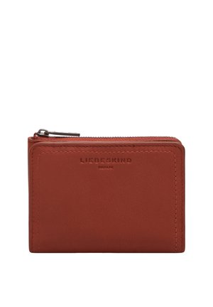Portefeuille compact en cuir marron avec fermeture éclair et logo "Liebeskind Berlin" embossé sur le devant.