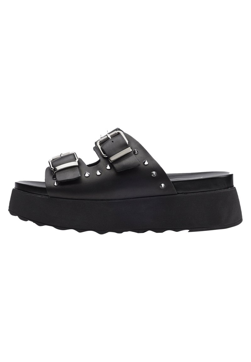 Sandali platform neri in pelle con due cinture regolabili e borchie metalliche. La suola presenta un design testurizzato e ondulato per garantire aderenza.