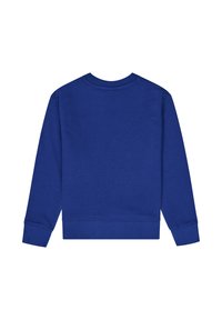Sudadera azul de manga larga, con cuello redondo y puños y dobladillo acanalados. Textura suave, sin patrones ni gráficos visibles.