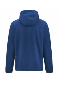 Felpa blu con tessuto in misto cotone, dotata di cappuccio con cordino, maniche lunghe e una sottile texture. Nessun logo o motivo visibile.