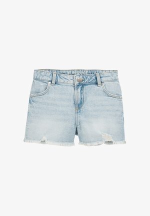 Világoskék farmer sort, szakadt szélekkel, öt zsebből álló kialakítással és ezüst gombos záródással. "BLUE RIDGE" felirattal a derekán.