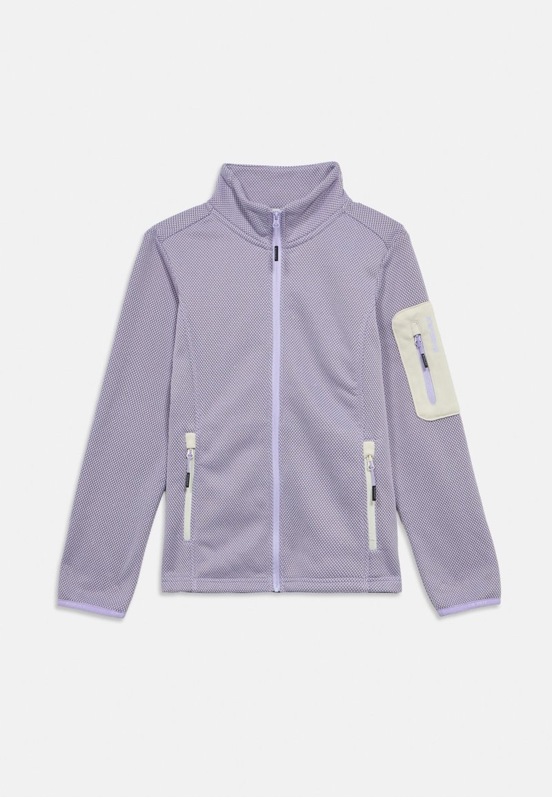 Lichtpaarse jas met rits, gemaakt van gestructureerde stof. Voorzien van twee zijzakken en een mouwzak met contrasterende witte accenten.
