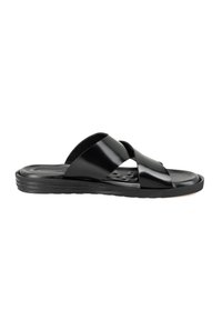 Zwarte slide-sandalen met kruislings ontwerp, gemaakt van glanzend materiaal. Beschikt over een gestructureerde zool en een lichtgewicht, flexibele constructie.