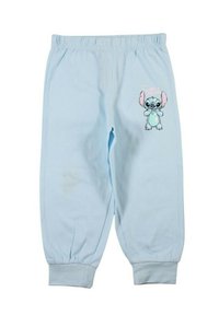 Pantalon de survêtement en coton bleu clair avec taille et poignets élastiques. Présente une illustration de personnage imprimée sur la cuisse gauche.