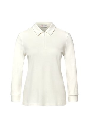 Bílá polo košile s dlouhým rukávem, límcem a čtvrťovým zipem. Hladká textura s minimalistickým stylem, vhodná pro běžné nošení.