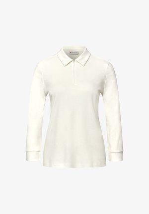 Bílá polo košile s dlouhým rukávem, límcem a čtvrťovým zipem. Hladká textura s minimalistickým stylem, vhodná pro běžné nošení.