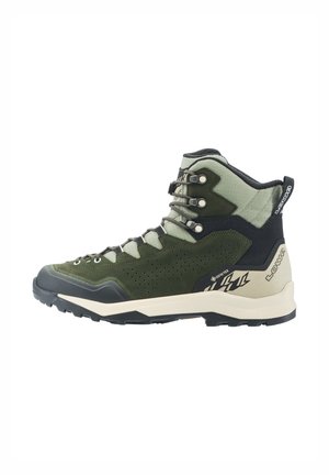 Hoher Wanderstiefel in Grün und Beige, mit Schnürverschluss, gepolstertem Kragen, robuster Sohle und Gore-Tex wasserdichtem Etikett.