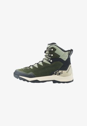 Hoher Wanderstiefel in Grün und Beige, mit Schnürverschluss, gepolstertem Kragen, robuster Sohle und Gore-Tex wasserdichtem Etikett.