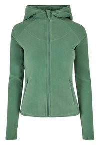 Giacca in pile verde con cappuccio, apertura frontale con zip completa, maniche raglan e due tasche laterali con zip; texture morbida e finitura liscia.