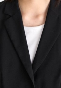 Black blazer with lapels over a white, ribbed t-shirt. The blazer's fabric appears smooth, while the t-shirt has a textured finish.