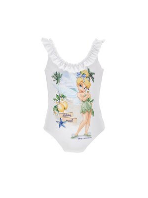 Weißer Badeanzug mit Rüschen-Trägern, verziert mit Tinker Bell, Palmen, Zitronen sowie einem "Holiday Mood"-Schriftzug und Seestern-Grafik.