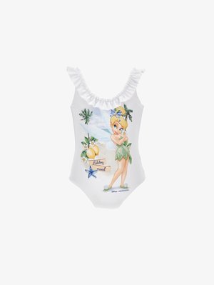 Bela kopalna obleka z nabranimi naramnicami, na kateri so upodobljeni Tinker Bell, palmova drevesa, limone ter napis »Holiday mood« in motiv morskega zvezda.