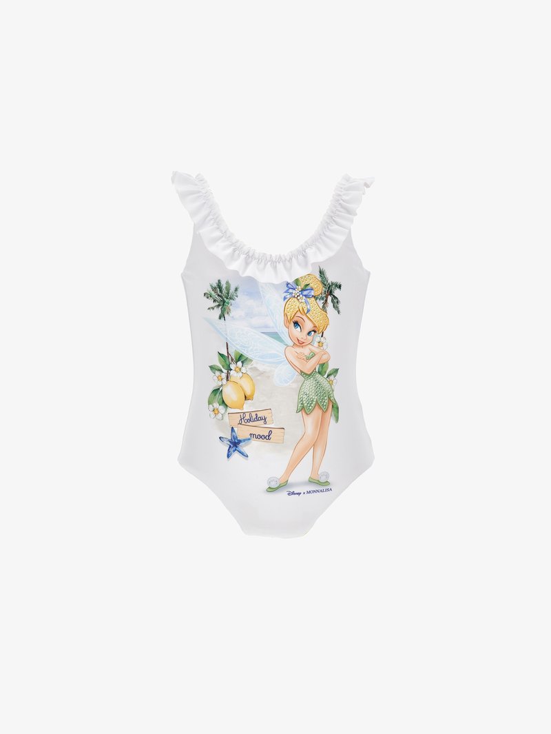 Λευκό μαγιό με ριγέ τιράντες, διακοσμημένο με την Τίνκερ Μπελ, φοίνικες, λεμόνια, και γραφικά που απεικονίζουν την επιγραφή «Διακοπές διάθεση» και αστερίες.